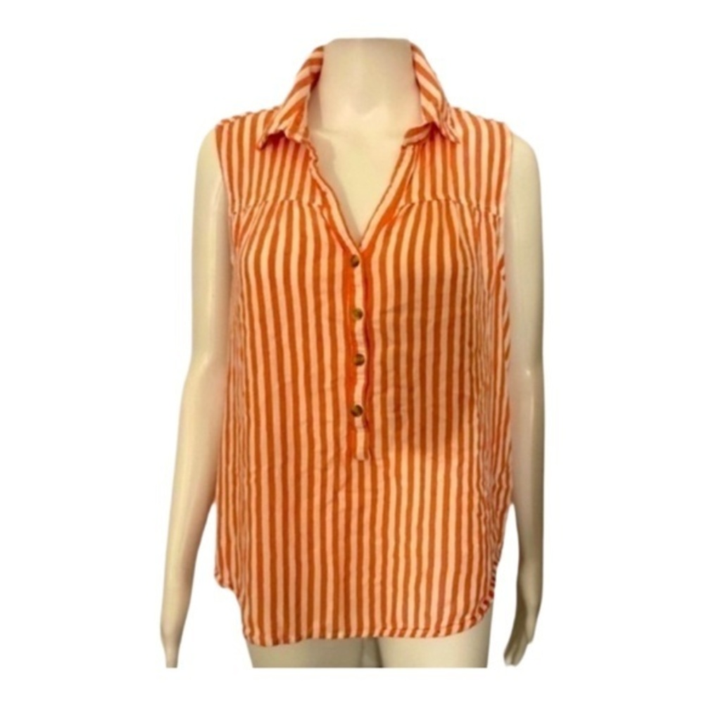 Time & Tru Collared Tank Top Orange and White Stripes Size Large